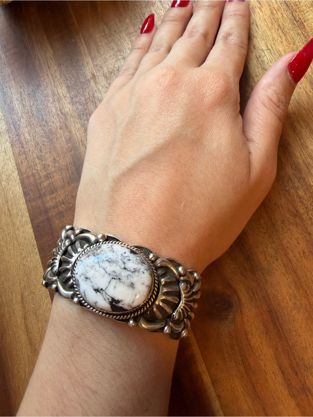 Navajo sterling silver white button turquoise cuff bracelet